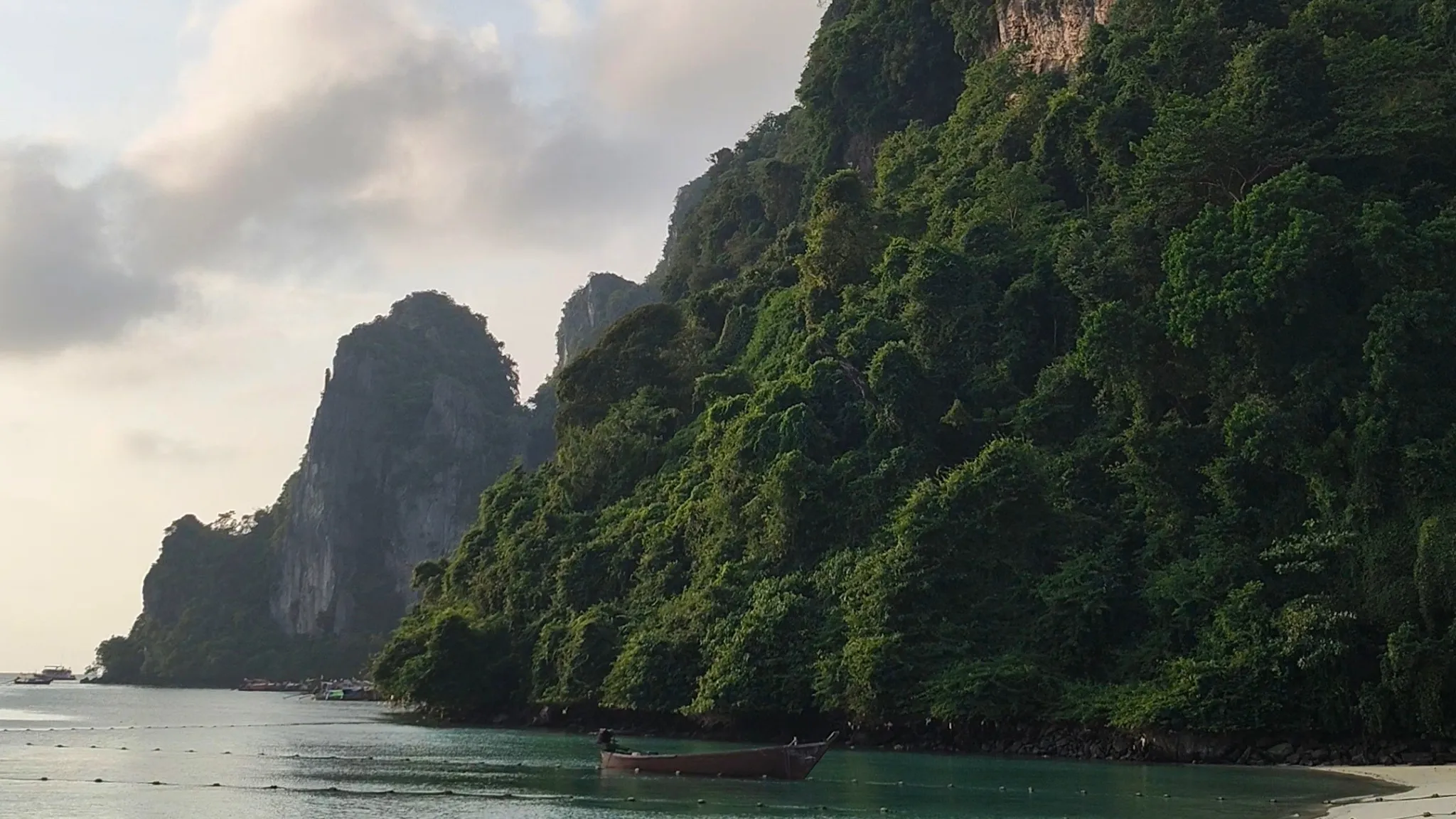 Traditional boat below a forested Phi Phi cliff